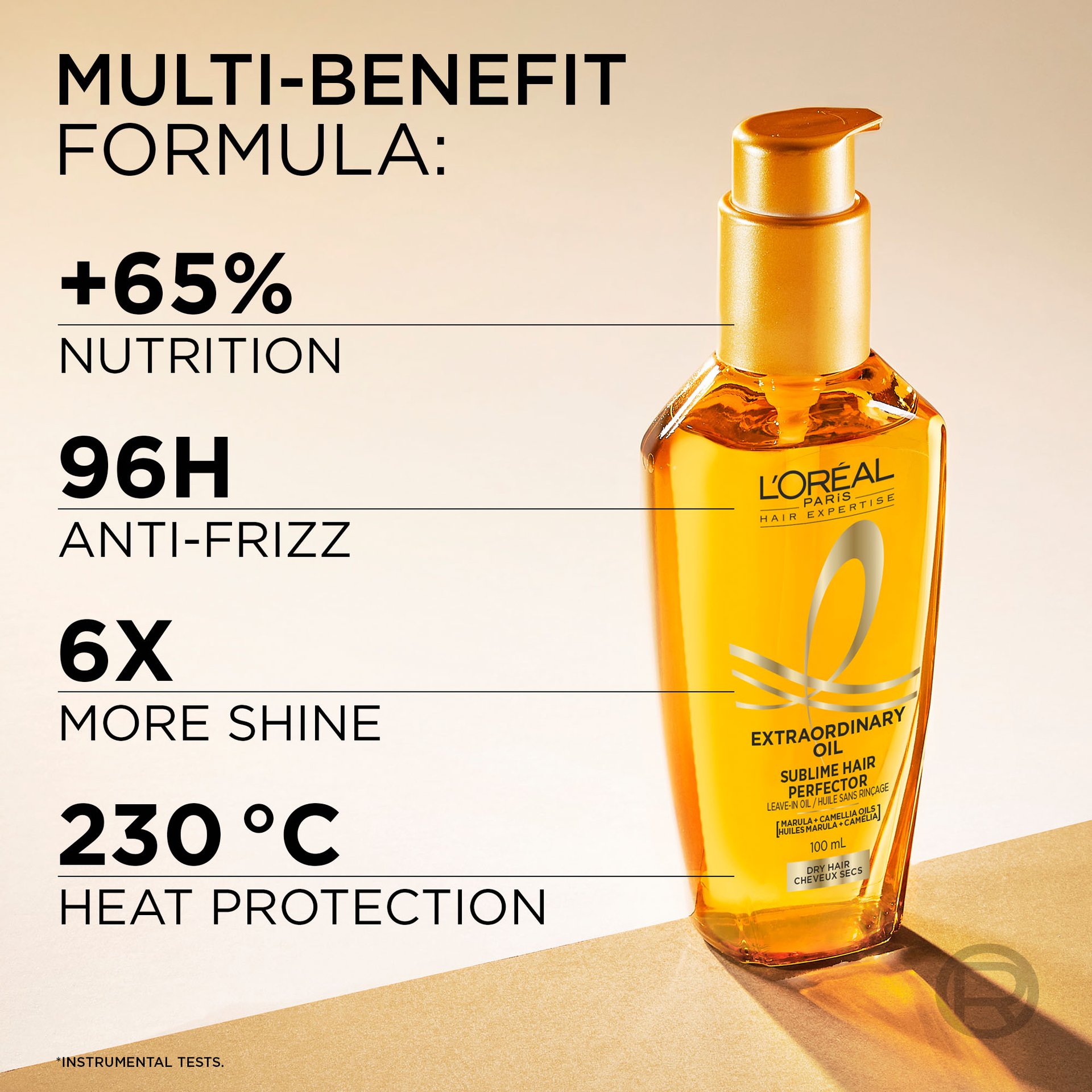 A multi-benefit formula with +65% nutrition, 96h frizz-free, 6x more shine and heat protection